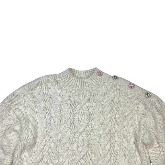 Zara Cable Knit Rhinestone Sweater M Ecru Mock Neck Oversized - Picture 8 of 14